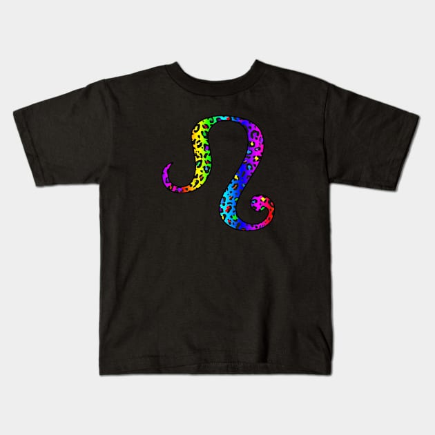 Leo Zodiac Horoscope Symbol in Dark Rainbow Leopard Print Kids T-Shirt by bumblefuzzies